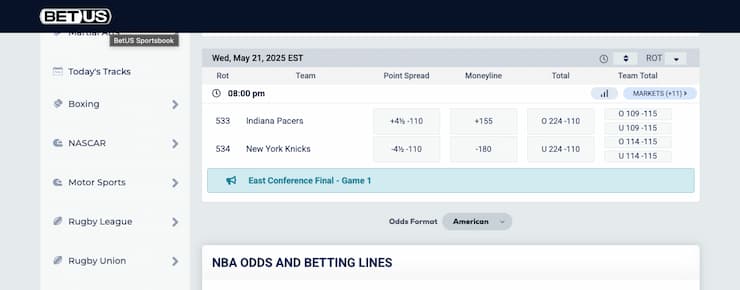 An image of NBA betting odds at BetUS NY sports betting site